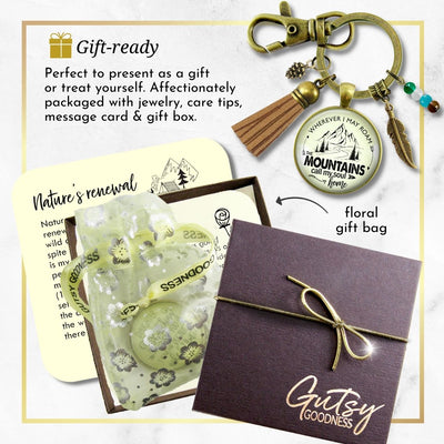Handmade Gutsy Goodness Jewelry Wherever I Roam The Mountains Call My Soul Home Keychain Boho Jewelry Tassel Charm & Message Card