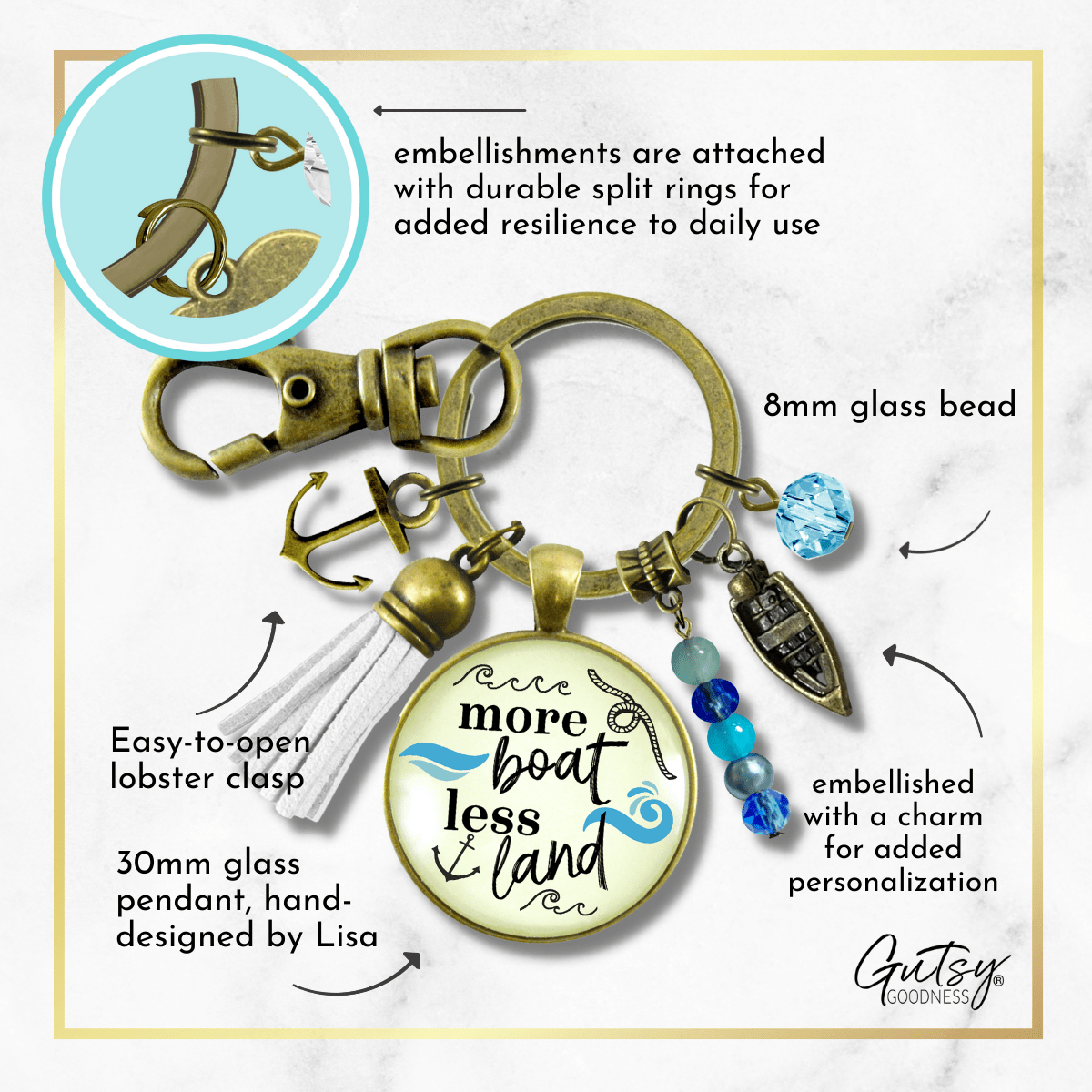 Boaters Keychain More Boat Less Land Nautical Lake Life Boating Anchor Tassel Sea Glass Style Charms  Keychain - Women - Gutsy Goodness Handmade Jewelry