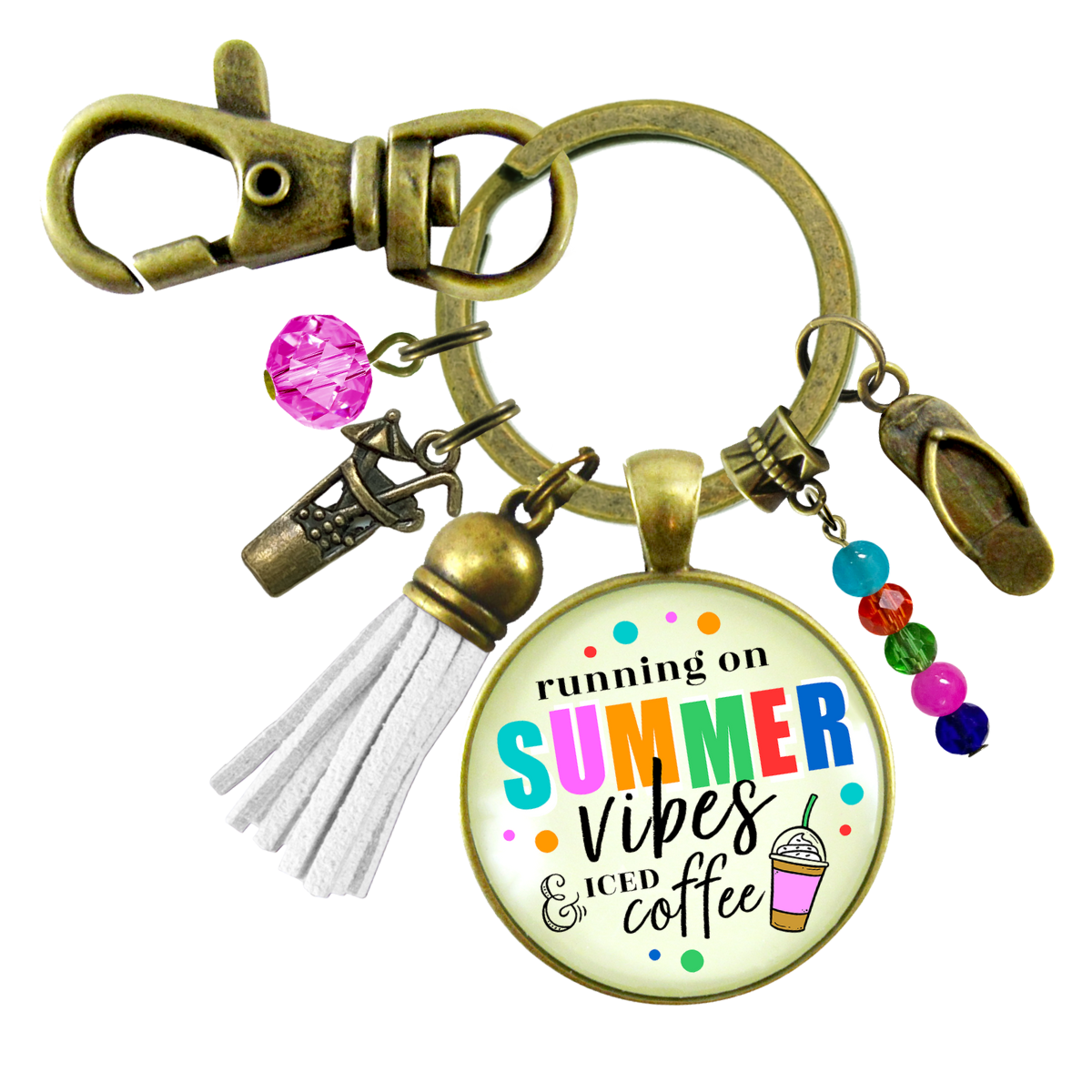 Summer Vibes Iced Coffee Tassel Keychain Colorful Beach Life Coffee Lover BFF Gift Drink Charm  Keychain - Women - Gutsy Goodness Handmade Jewelry