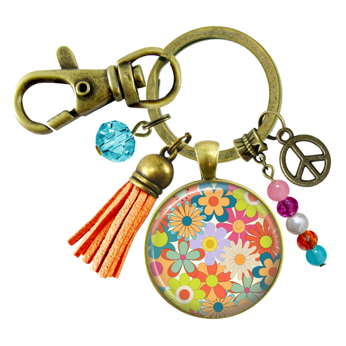 Groovy Flowers 70s Fashion Inspired Retro Keychain Bronze Pendant Tassel Peace Symbol Charm  Keychain - Women - Gutsy Goodness Handmade Jewelry
