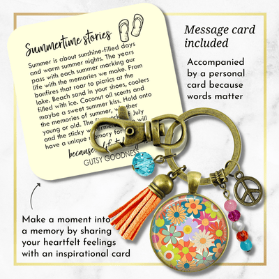 Groovy Flowers 70s Fashion Inspired Retro Keychain Bronze Pendant Tassel Peace Symbol Charm  Keychain - Women - Gutsy Goodness Handmade Jewelry