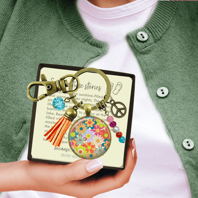 Groovy Flowers 70s Fashion Inspired Retro Keychain Bronze Pendant Tassel Peace Symbol Charm  Keychain - Women - Gutsy Goodness Handmade Jewelry