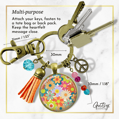 Groovy Flowers 70s Fashion Inspired Retro Keychain Bronze Pendant Tassel Peace Symbol Charm  Keychain - Women - Gutsy Goodness Handmade Jewelry
