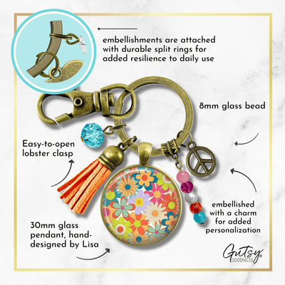 Groovy Flowers 70s Fashion Inspired Retro Keychain Bronze Pendant Tassel Peace Symbol Charm  Keychain - Women - Gutsy Goodness Handmade Jewelry