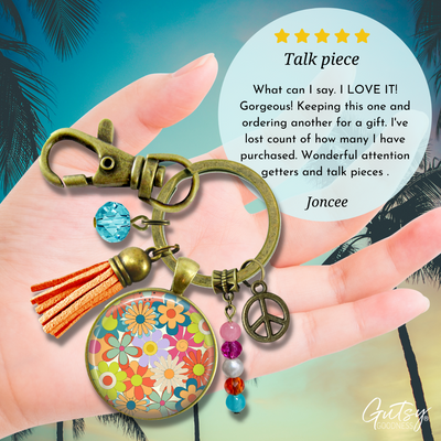 Groovy Flowers 70s Fashion Inspired Retro Keychain Bronze Pendant Tassel Peace Symbol Charm  Keychain - Women - Gutsy Goodness Handmade Jewelry