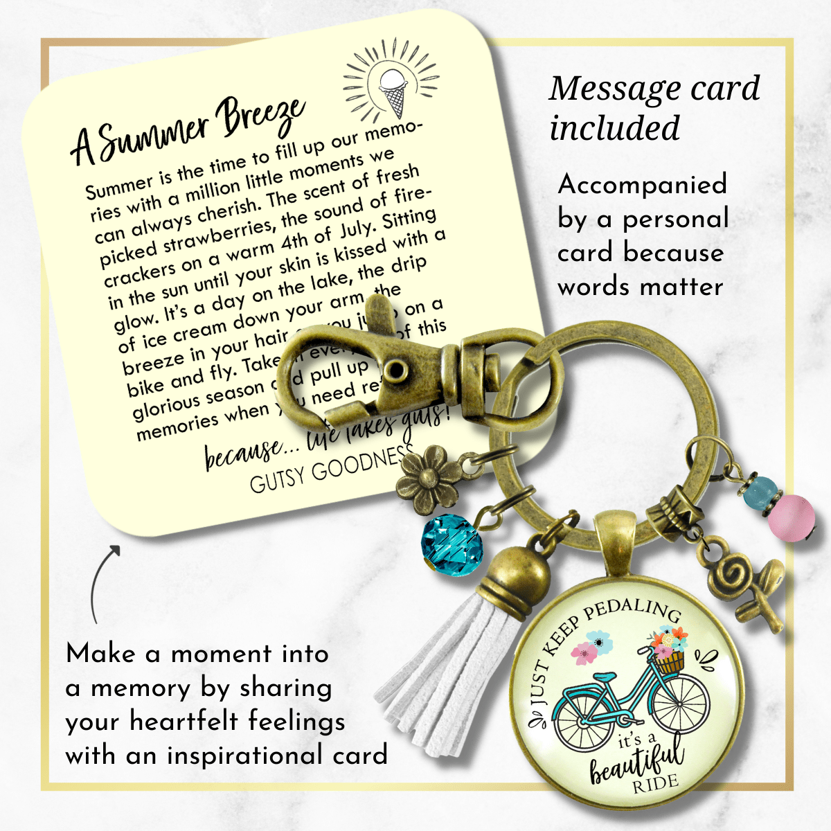 Just Keep Pedaling Bicycle Keychain Beautiful Ride Summer Boho Chic Colorful Tassel Flower Charms  Keychain - Women - Gutsy Goodness Handmade Jewelry