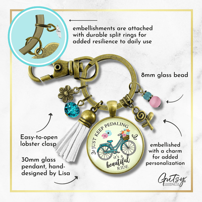 Just Keep Pedaling Bicycle Keychain Beautiful Ride Summer Boho Chic Colorful Tassel Flower Charms  Keychain - Women - Gutsy Goodness Handmade Jewelry