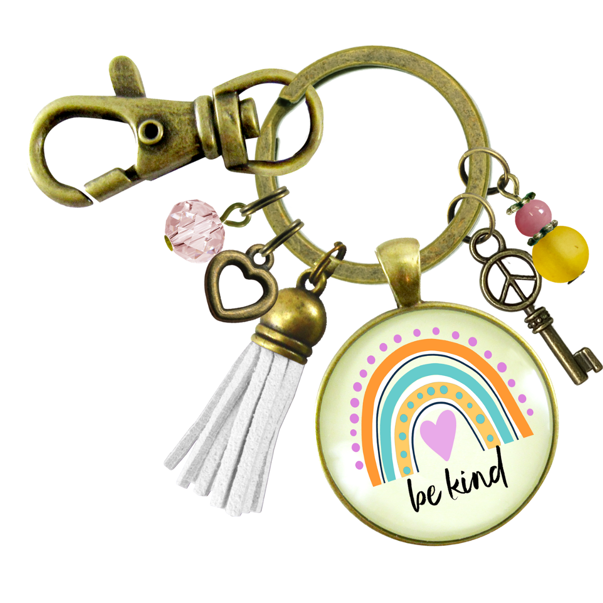 Be Kind Summer Boho Style Rainbow Keychain Peace Symbol Charm Tassel Vintage Vibe Gift Jewelry  Keychain - Women - Gutsy Goodness Handmade Jewelry