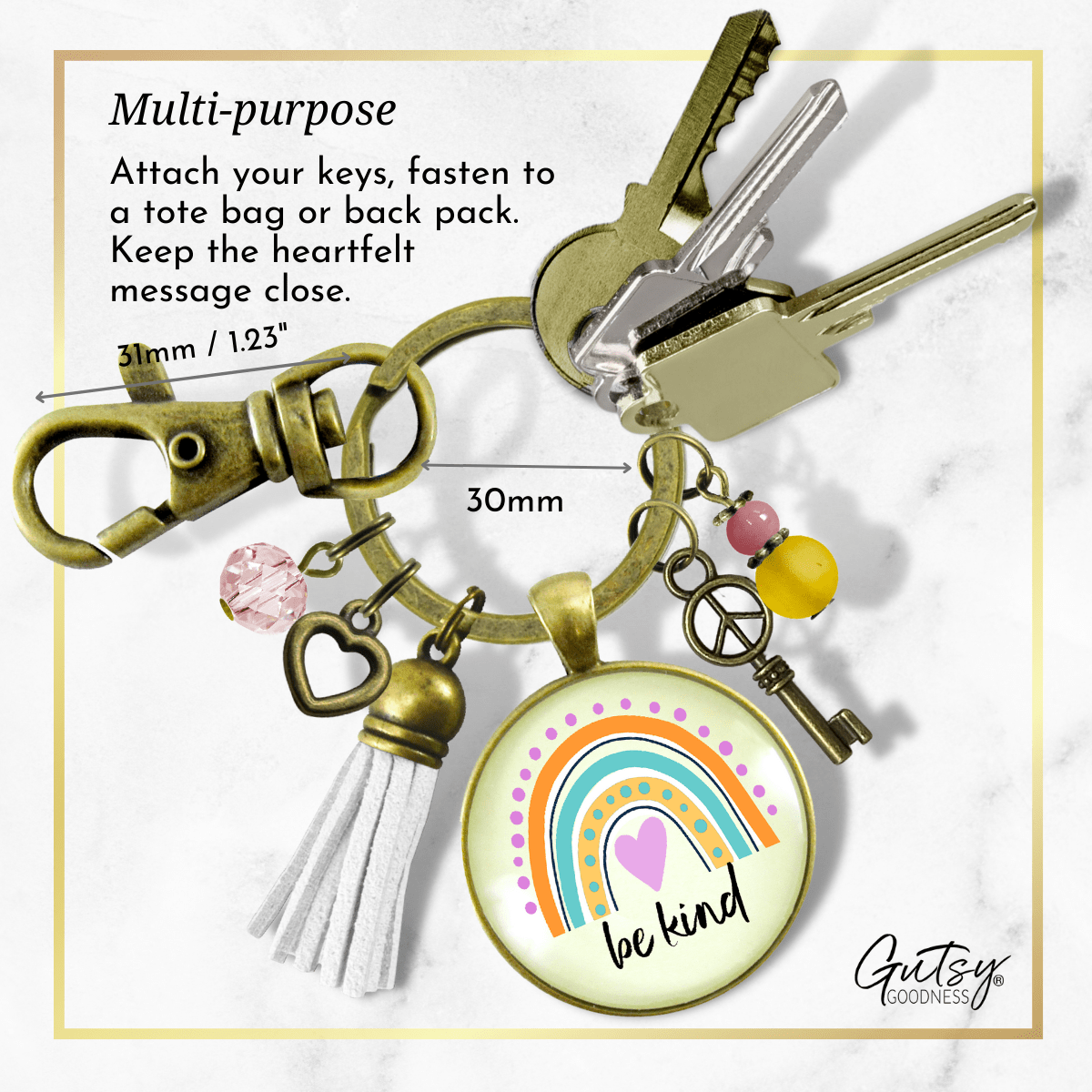 Be Kind Summer Boho Style Rainbow Keychain Peace Symbol Charm Tassel Vintage Vibe Gift Jewelry  Keychain - Women - Gutsy Goodness Handmade Jewelry