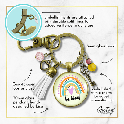 Be Kind Summer Boho Style Rainbow Keychain Peace Symbol Charm Tassel Vintage Vibe Gift Jewelry  Keychain - Women - Gutsy Goodness Handmade Jewelry