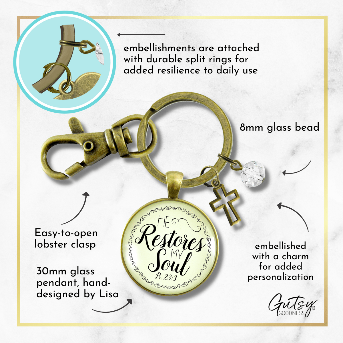He Restores My Soul Psalm 23 Keychain Faith Inspired Charm Jewelry For Women - Gutsy Goodness