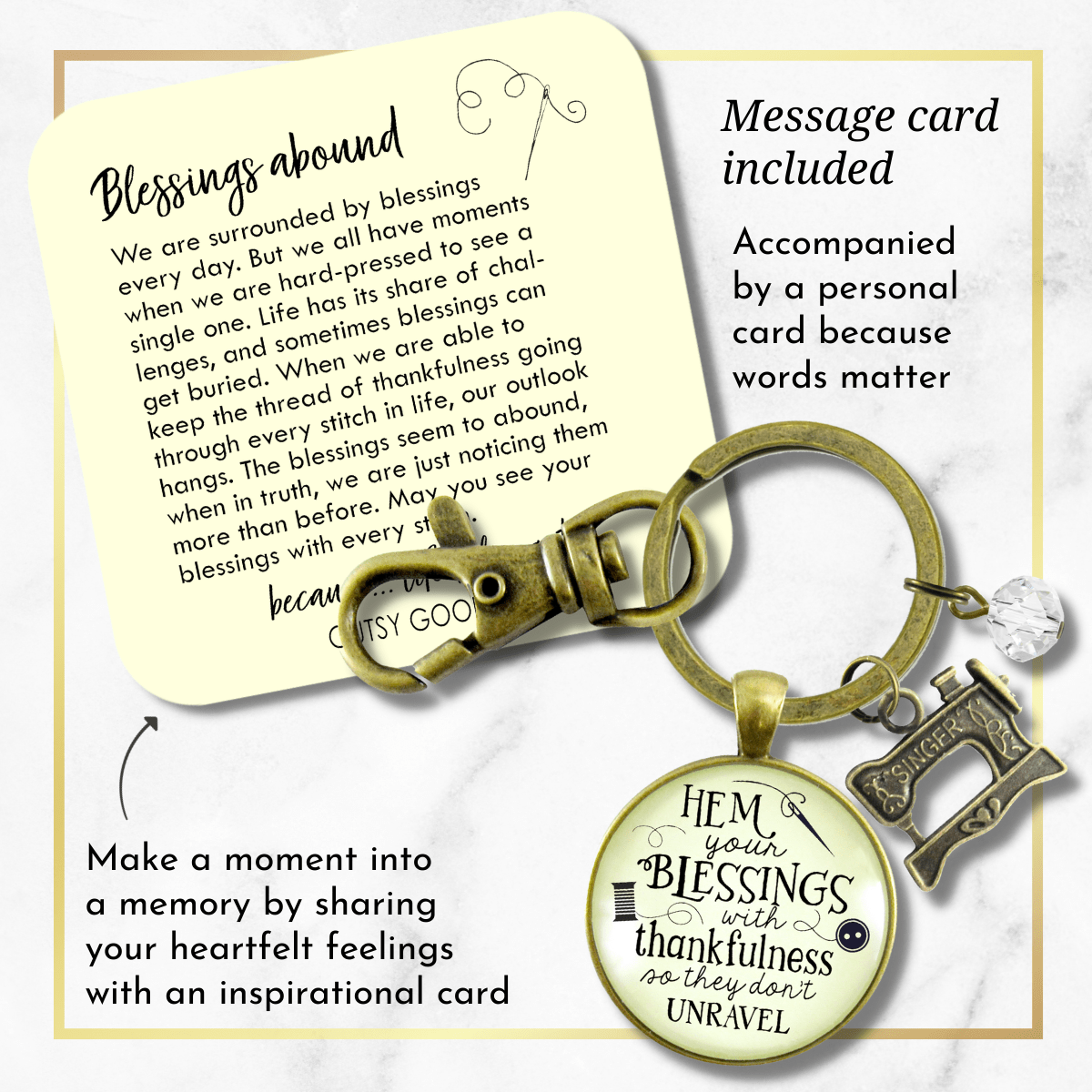 Seamstress Keychain Hem Your Blessings Thankful Grateful Womens Vintage Sewing Jewelry Gift - Gutsy Goodness Handmade Jewelry;Seamstress Keychain Hem Your Blessings Thankful Grateful Womens Vintage Sewing Jewelry Gift - Gutsy Goodness Handmade Jewelry Gifts
