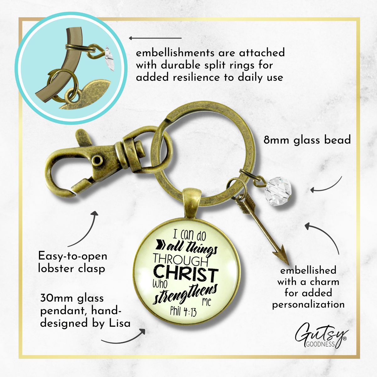 I Can Do All Things Faith Inspire Keychain Brave Life Phil 4 13 Quote Cross Charm - Gutsy Goodness