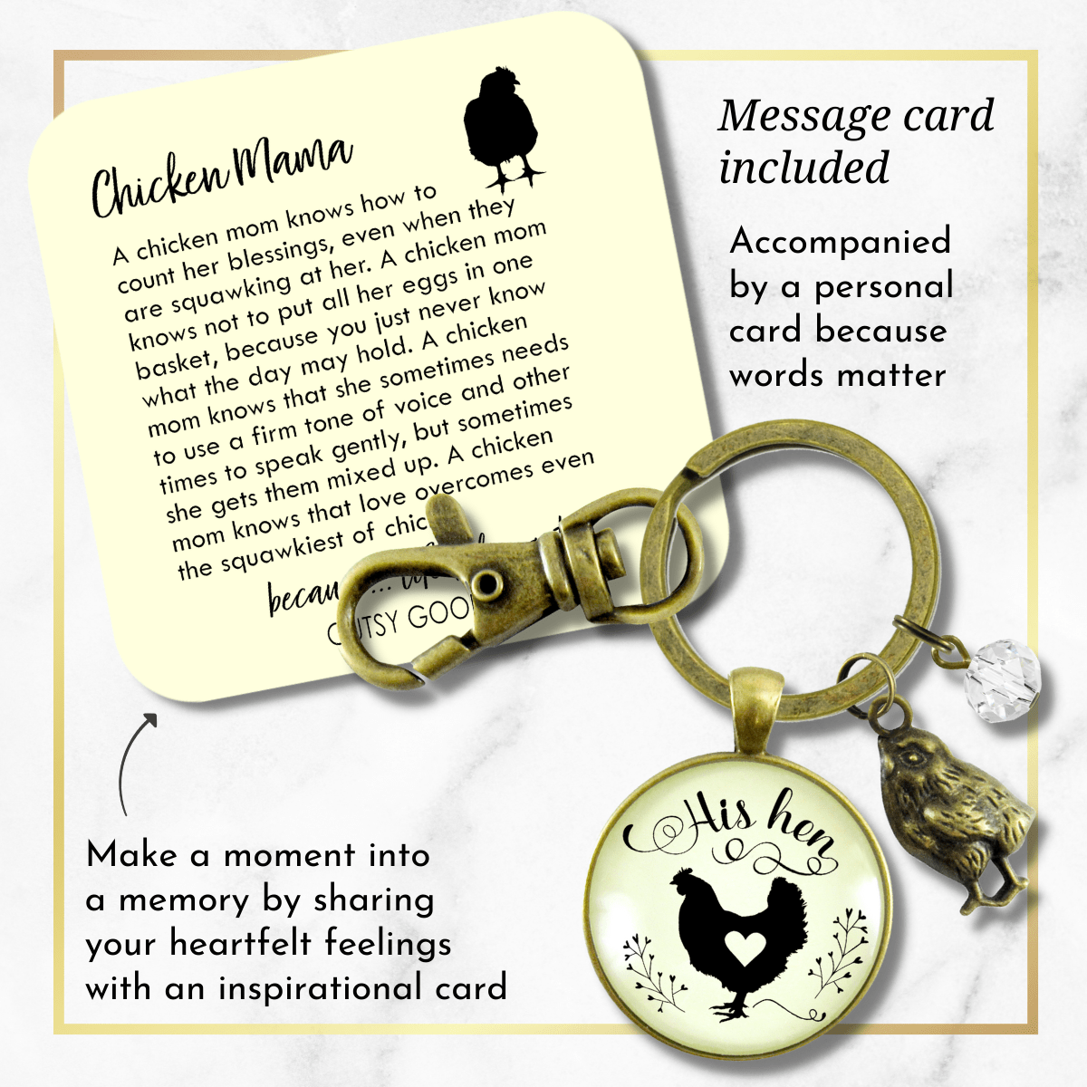 His Hen Keychain For Chicken Mom Vintage Inspired Jewlery - Gutsy Goodness Handmade Jewelry;His Hen Keychain For Chicken Mom Vintage Inspired Jewlery - Gutsy Goodness Handmade Jewelry Gifts