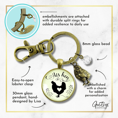 His Hen Keychain For Chicken Mom Vintage Inspired Jewlery - Gutsy Goodness Handmade Jewelry;His Hen Keychain For Chicken Mom Vintage Inspired Jewlery - Gutsy Goodness Handmade Jewelry Gifts