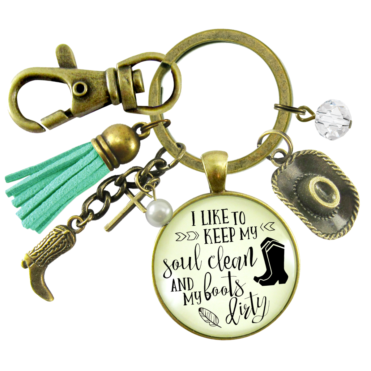 Country Cross Keychain I Like to Keep My Soul Clean Boots Dirty Western Girl Jewelry - Gutsy Goodness