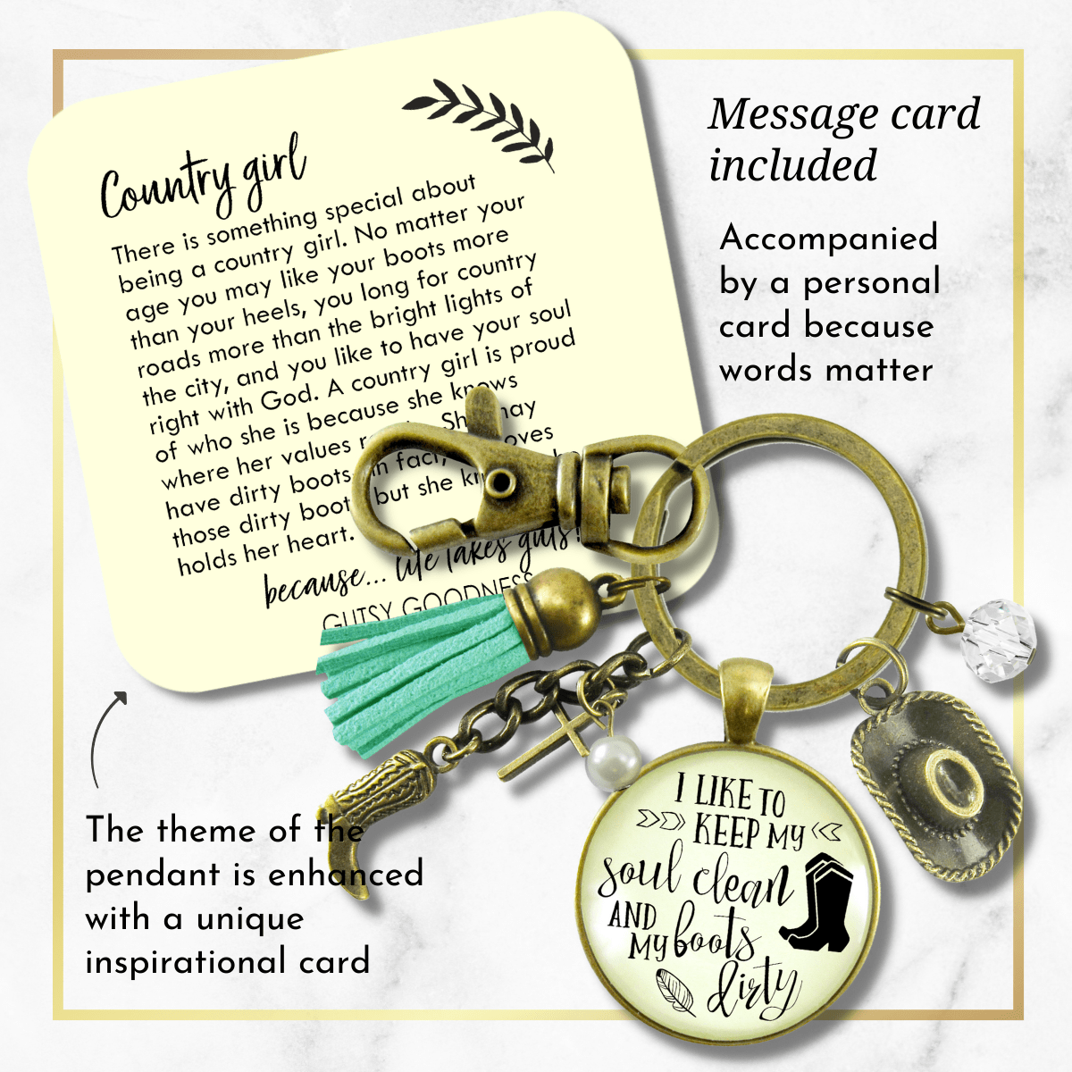 Country Cross Keychain I Like to Keep My Soul Clean Boots Dirty Western Girl Jewelry - Gutsy Goodness