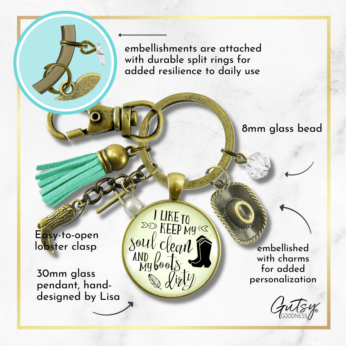 Country Cross Keychain I Like to Keep My Soul Clean Boots Dirty Western Girl Jewelry - Gutsy Goodness