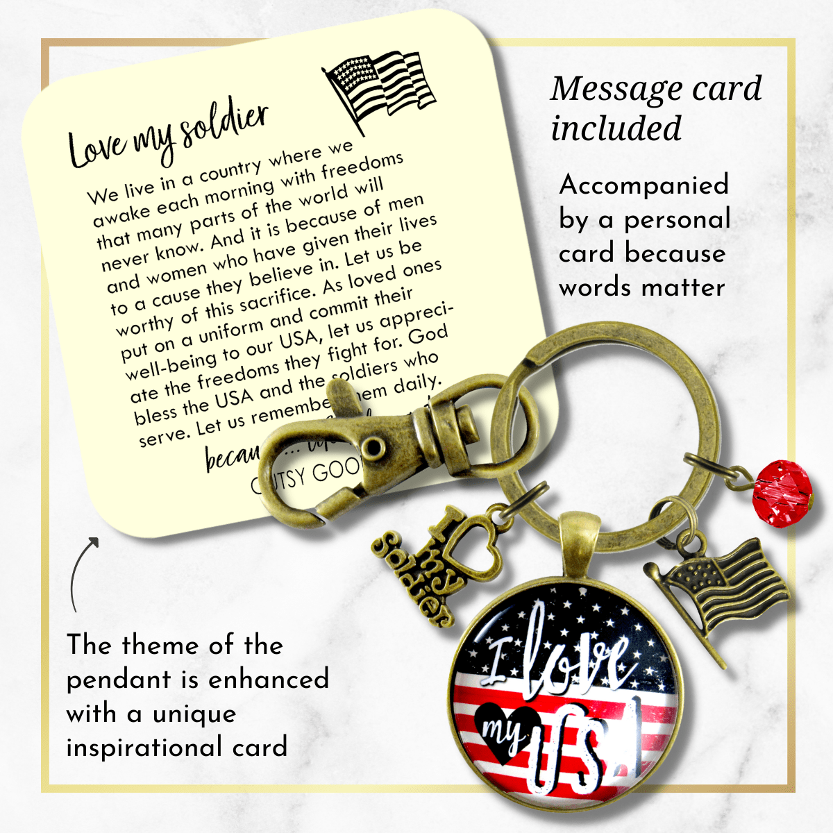 I Love My Soldier Keychain American Flag USA Patriotic Jewelry For Women Style Pendant - Gutsy Goodness