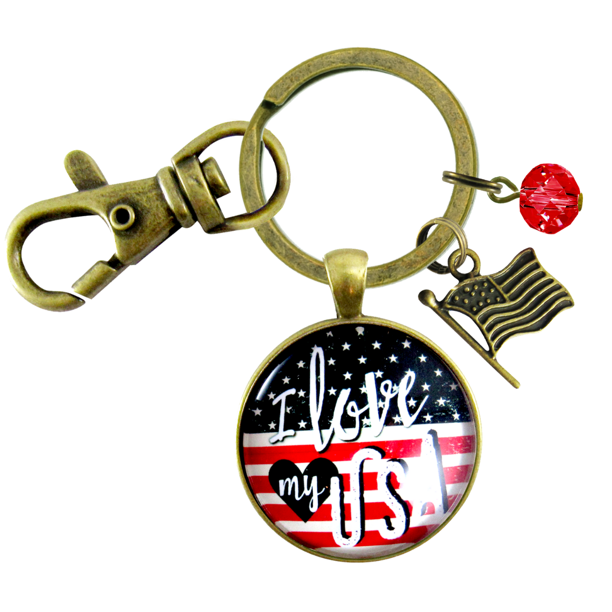 American Flag Keychain I Love My USA Patriotic Vintage Bronze Style Key Chain Charm - Gutsy Goodness