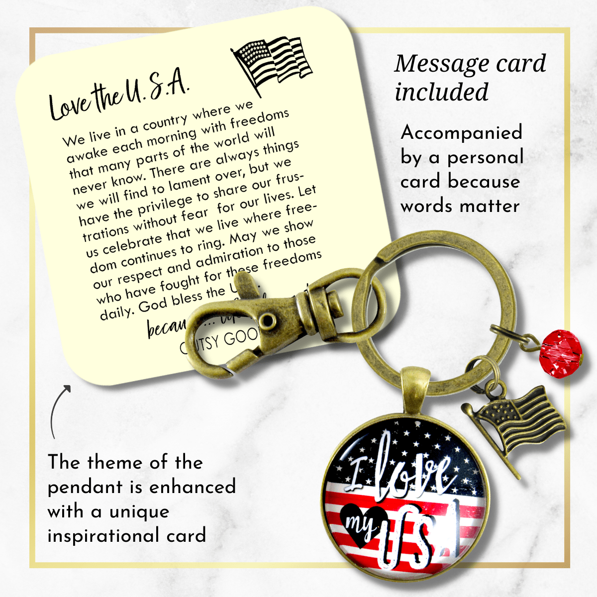 American Flag Keychain I Love My USA Patriotic Vintage Bronze Style Key Chain Charm - Gutsy Goodness