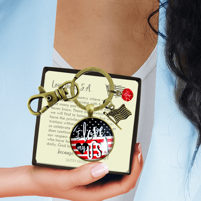 American Flag Keychain I Love My USA Patriotic Vintage Bronze Style Key Chain Charm - Gutsy Goodness