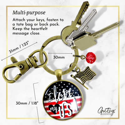 American Flag Keychain I Love My USA Patriotic Vintage Bronze Style Key Chain Charm - Gutsy Goodness