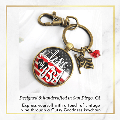 American Flag Keychain I Love My USA Patriotic Vintage Bronze Style Key Chain Charm - Gutsy Goodness