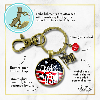 American Flag Keychain I Love My USA Patriotic Vintage Bronze Style Key Chain Charm - Gutsy Goodness