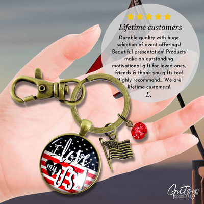 American Flag Keychain I Love My USA Patriotic Vintage Bronze Style Key Chain Charm - Gutsy Goodness