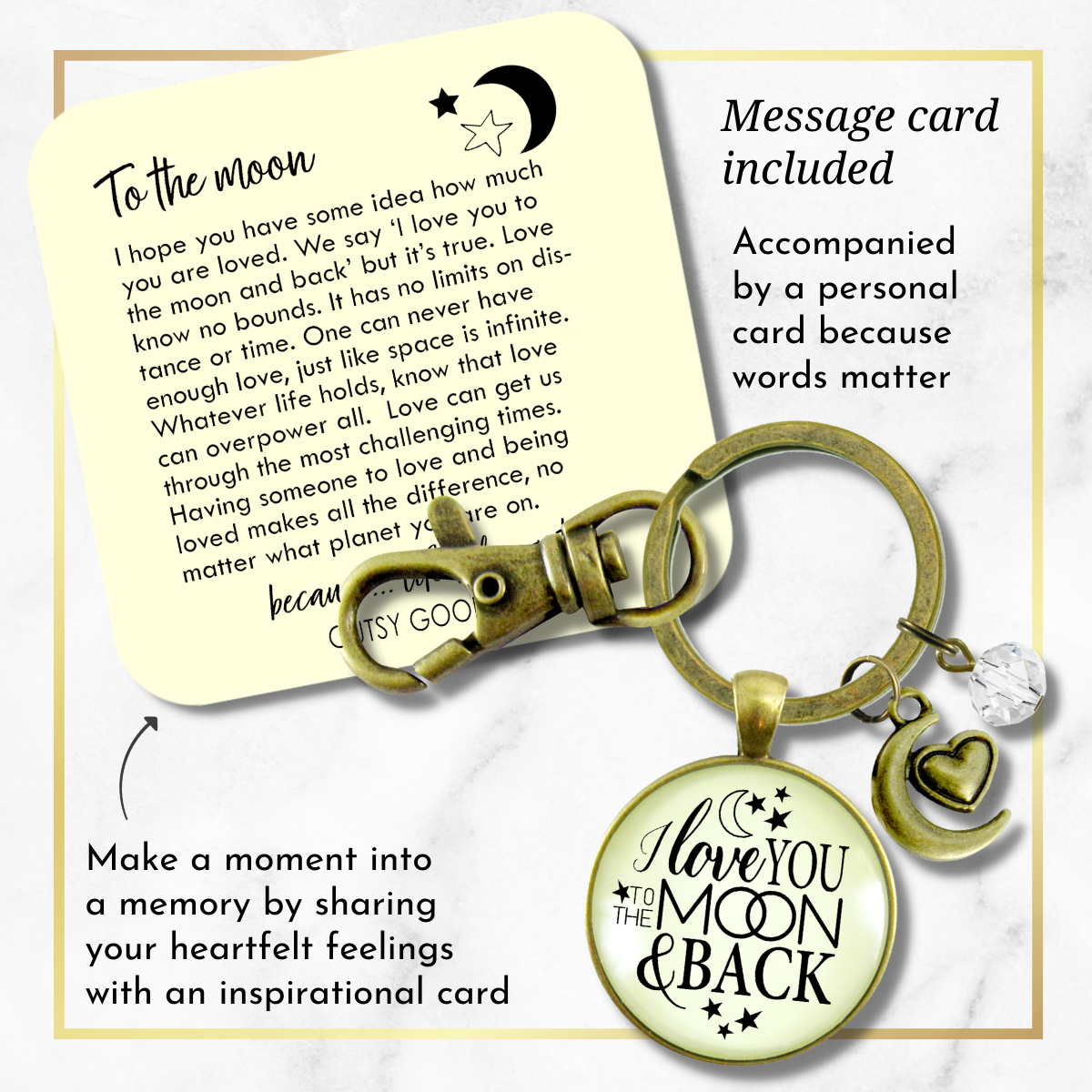 I Love You To The Moon and Back Keychain Inspirational Jewelry Half Moon Heart Charm - Gutsy Goodness Handmade Jewelry;I Love You To The Moon And Back Keychain Inspirational Jewelry Half Moon Heart Charm - Gutsy Goodness Handmade Jewelry Gifts