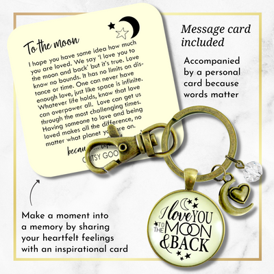 I Love You To The Moon and Back Keychain Inspirational Jewelry Half Moon Heart Charm - Gutsy Goodness Handmade Jewelry;I Love You To The Moon And Back Keychain Inspirational Jewelry Half Moon Heart Charm - Gutsy Goodness Handmade Jewelry Gifts