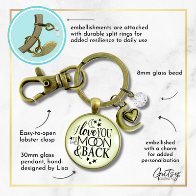 I Love You To The Moon and Back Keychain Inspirational Jewelry Half Moon Heart Charm - Gutsy Goodness Handmade Jewelry;I Love You To The Moon And Back Keychain Inspirational Jewelry Half Moon Heart Charm - Gutsy Goodness Handmade Jewelry Gifts