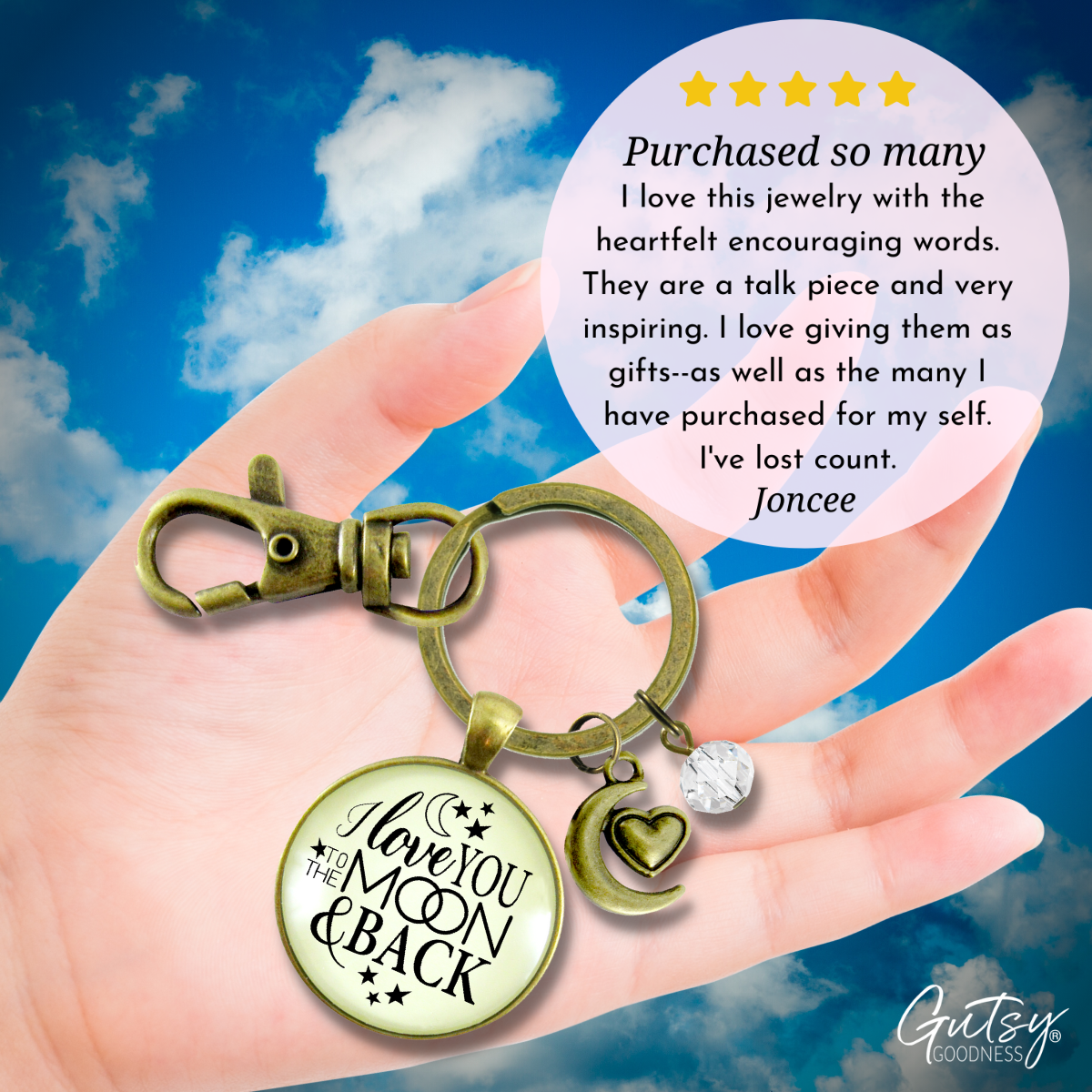 I Love You To The Moon and Back Keychain Inspirational Jewelry Half Moon Heart Charm - Gutsy Goodness Handmade Jewelry;I Love You To The Moon And Back Keychain Inspirational Jewelry Half Moon Heart Charm - Gutsy Goodness Handmade Jewelry Gifts