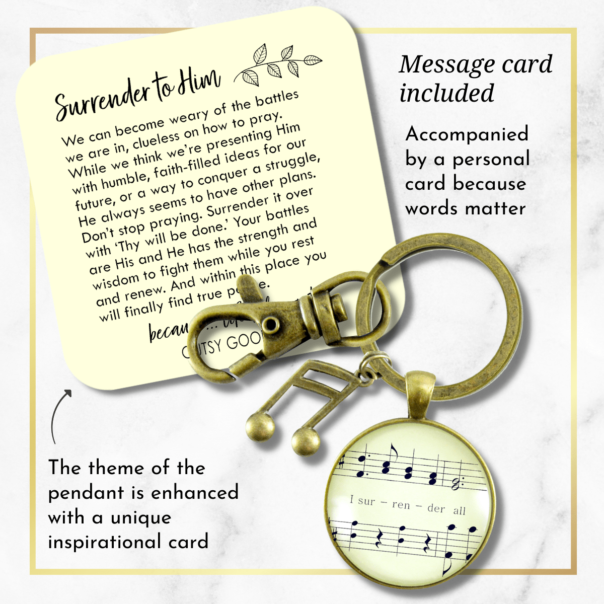 I Surrender All Keychain Hymn Inspired Womens Pendant Sheet Music Jewelry Note Charm - Gutsy Goodness