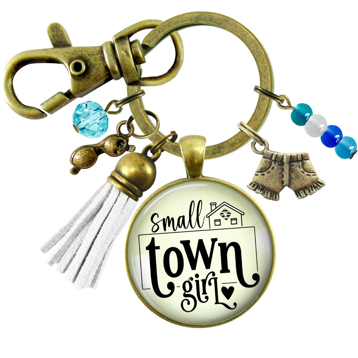 Handmade Gutsy Goodness Jewelry Small Town Girl Keychain Boho Handmade Jewelry Denim Shorts, Sunglasses, Tassel Charms & Card