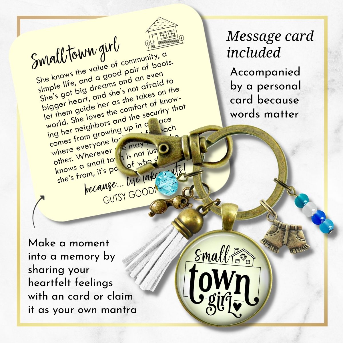 Handmade Gutsy Goodness Jewelry Small Town Girl Keychain Boho Handmade Fashion Jewelry Denim Shorts, Sunglasses, Tassel Charms & Card