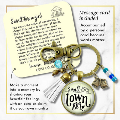 Handmade Gutsy Goodness Jewelry Small Town Girl Keychain Boho Handmade Jewelry Denim Shorts, Sunglasses, Tassel Charms & Card