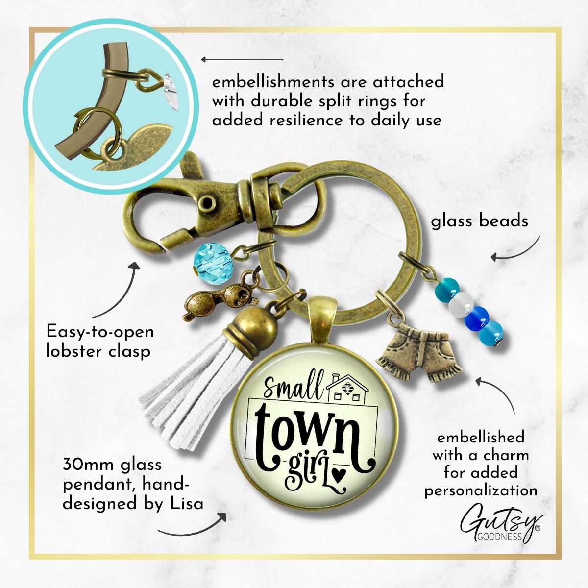 Handmade Gutsy Goodness Jewelry Small Town Girl Keychain Boho Handmade Jewelry Denim Shorts, Sunglasses, Tassel Charms & Card