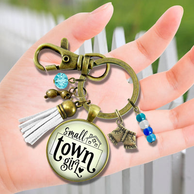 Handmade Gutsy Goodness Jewelry Small Town Girl Keychain Boho Handmade Jewelry Denim Shorts, Sunglasses, Tassel Charms & Card