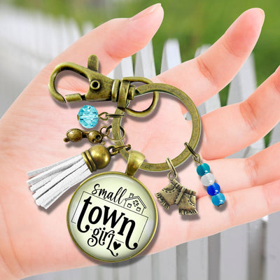 Handmade Gutsy Goodness Jewelry Small Town Girl Keychain Boho Handmade Fashion Jewelry Denim Shorts, Sunglasses, Tassel Charms & Card