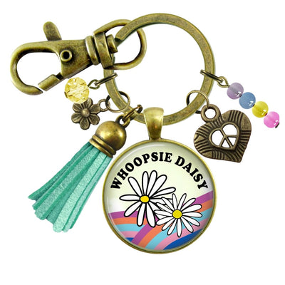 Handmade Gutsy Goodness Jewelry Whoopsie Daisy Boho Hippie Style Keychain Rainbow Pendant Jewelry Peace Symbol, Tassel Charms & Card