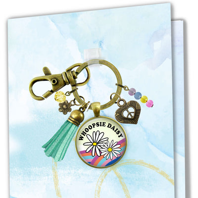 Handmade Gutsy Goodness Jewelry Whoopsie Daisy Boho Hippie Style Keychain Rainbow Pendant Jewelry Peace Symbol, Tassel, Charms & Card