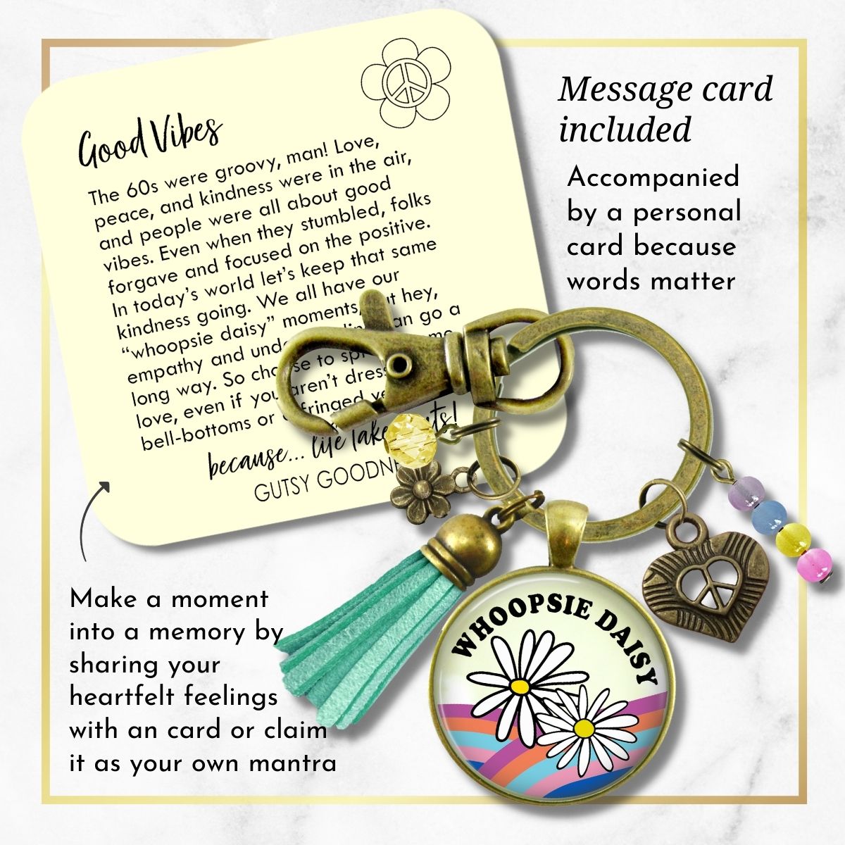 Handmade Gutsy Goodness Jewelry Whoopsie Daisy Boho Hippie Style Keychain Rainbow Pendant Jewelry Peace Symbol, Tassel Charms & Card
