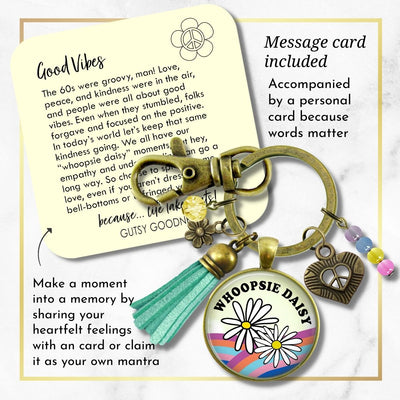 Handmade Gutsy Goodness Jewelry Whoopsie Daisy Boho Hippie Style Keychain Rainbow Pendant Jewelry Peace Symbol, Tassel Charms & Card