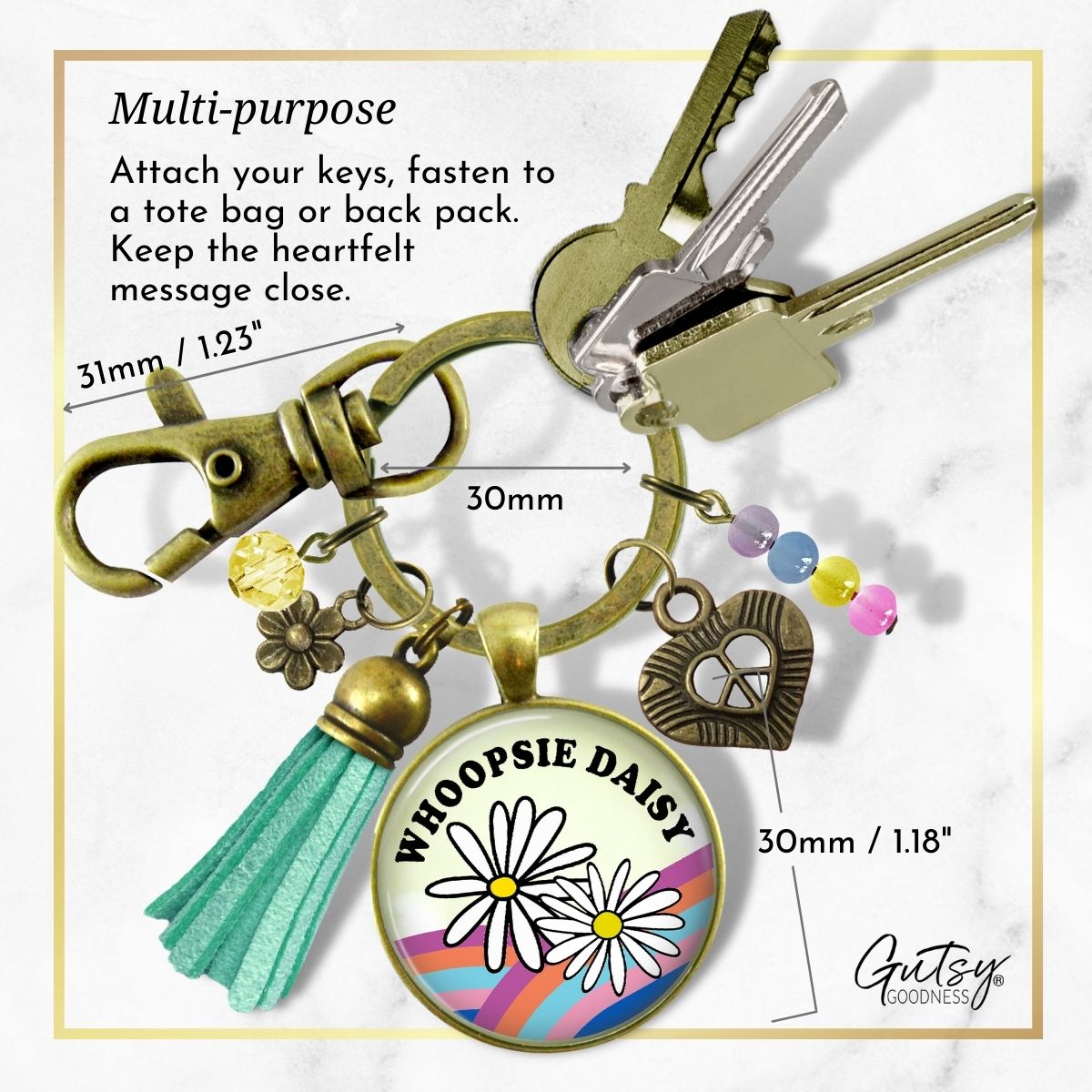 Handmade Gutsy Goodness Jewelry Whoopsie Daisy Boho Hippie Style Keychain Rainbow Pendant Jewelry Peace Symbol, Tassel, Charms & Card