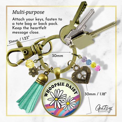 Handmade Gutsy Goodness Jewelry Whoopsie Daisy Boho Hippie Style Keychain Rainbow Pendant Jewelry Peace Symbol, Tassel Charms & Card