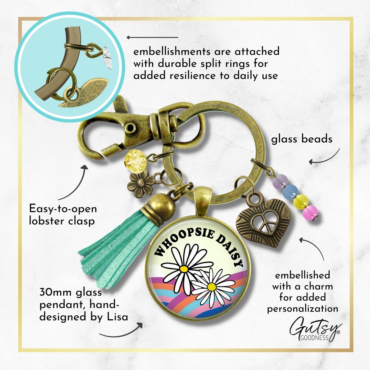 Handmade Gutsy Goodness Jewelry Whoopsie Daisy Boho Hippie Style Keychain Rainbow Pendant Jewelry Peace Symbol, Tassel Charms & Card
