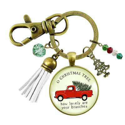 Red Truck Vintage Theme Christmas Keychain Holiday Tree Charm Jewelry O Christmas Tree Handmade Gift Tassel Key Ring