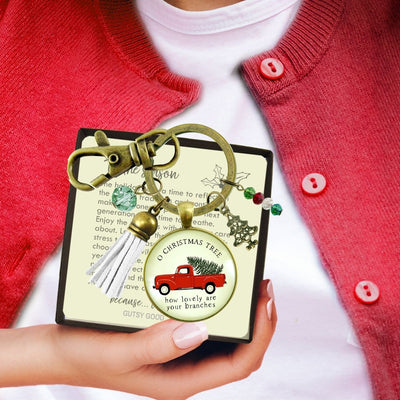 Red Truck Vintage Theme Christmas Keychain Holiday Tree Charm Jewelry O Christmas Tree Handmade Gift Tassel Key Ring
